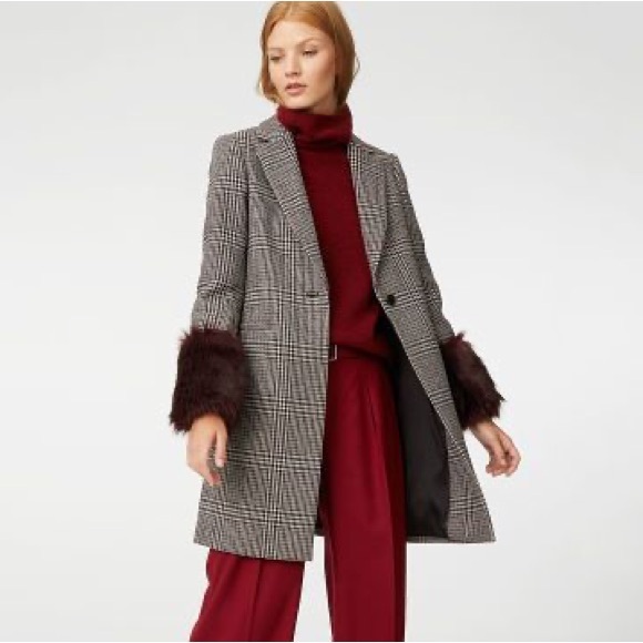 Club Monaco Starella Faux Fur Cuffs Plaid Coat Longline Wool Blend Size S - Picture 1 of 12